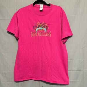 Vintage Mardi Gras Shirt Mens Large Pink  New Orleans Mask Embroidered 90s